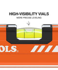 Dead Nuts Accurate 24 Inch Box Level With Lockdown Magnetic Base And Three High Vis Orange Vials showing high-visibility vials for precise leveling.
