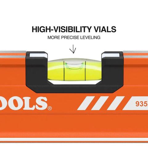 Dead Nuts Accurate 24 Inch Box Level With Lockdown Magnetic Base And Three High Vis Orange Vials showing high-visibility vials for precise leveling.