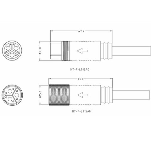 Technical diagram of Electric Bike Hub Motor Cable Connector L915 Waterproof Rugged Extension Cable 800mm Long 9 Pin Plug
