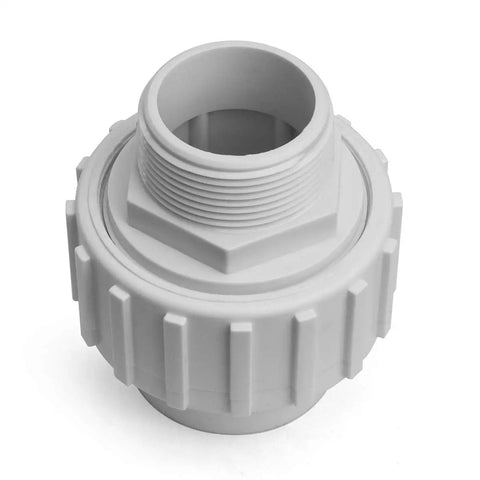 Two Piece Universal One And A Half Inch PVC Slip Union Socket Joint Adapter Fitting Quick Connector Replacement For Pool Or Spa Pump Male To Slip End Plug And Play Install, white plastic joint adapter with threaded end.