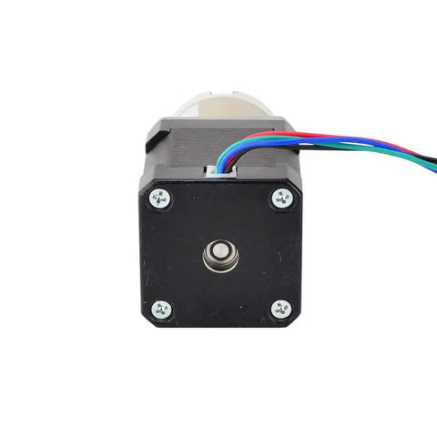 Front view of Beefy Torque NEMA 17 Stepper With Planetary Gearbox 19.19 To 1 for DIY CNC Camera and Telescope Projects, showing 4 wires.
