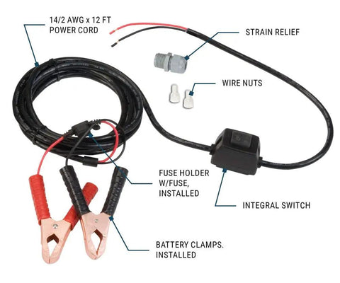 Replacement Power Cord Kit For G8P Fuel Transfer Pump With 12 Foot Cord Battery Clamps 20A Fuse Fuse Holder On Off Rocker Switch Wire Nuts