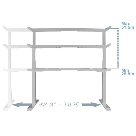 Stylish Grey Dual Motor Electric Standing Desk Frame With Built In Usb A Plus C Charging Ports Smooth Height Adjustable Sit Stand Base Sturdy Steel Legs dimensions with height and width ranges