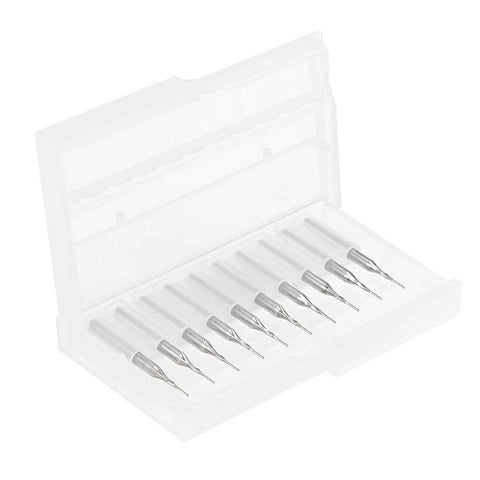Set of 10 carbide end mills in a clear plastic storage case; 0.6mm diameter with a 1/8" shank for PCB engraving