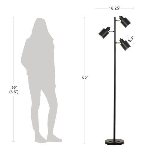 66 Inch Three Head Floor Lamp With Adjustable Heads In Satin Black Finish And Brass Accents, shown next to silhouette for scale