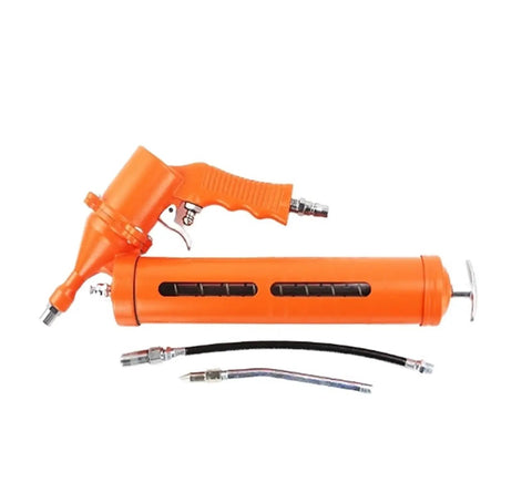 Beefy Heavy Duty Manual Grease Gun 600cc Air Operated with flexible hose and nozzle, shown in bright orange.