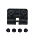 Resin positioning torque hinge, black plastic with metal pin, 90-degree stop, front view, includes four small caps