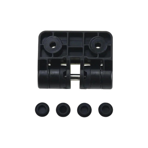 Resin positioning torque hinge, black plastic with metal pin, 90-degree stop, front view, includes four small caps
