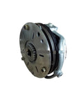 Electromagnetic clutch and brake assembly front view with round metal housing, gear ring, and bolt holes