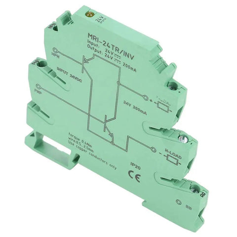 Compact NPN PNP PLC Level Converter For Sensor IO MRI 24TR INV Style Polar IO Compatible DIN rail mounted module, green, 6.2mm wide