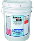 5-gallon bucket labeled as Light Gray Concrete Release Agent For Texture Mats And Rollers, preventing sticking to fresh concrete.