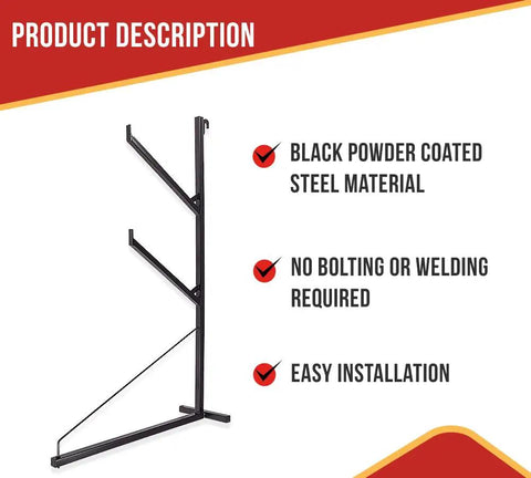 Heavy Beefy 2 Pack Container Pipe Racks With Integrated Workbench Surface showing black powder coated steel and easy installation info.
