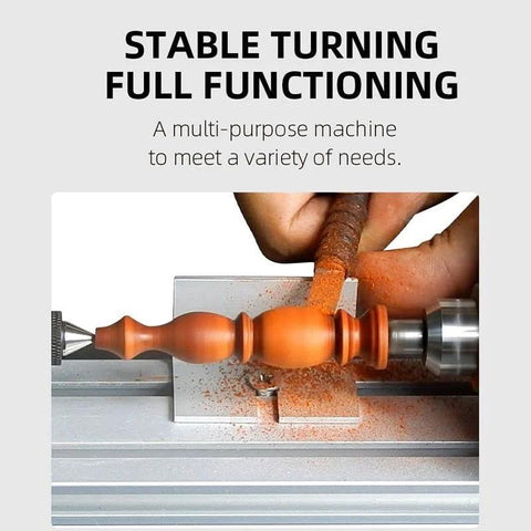 Front view of mini wood lathe turning an orange wooden spindle on a metal bed
