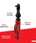 One Quarter Inch Flex Head Air Ratchet Wrench With Three Position Head, 240 RPM, 35 Ft Lbs Torque, Feather Trigger, ergonomic handle