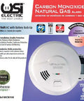 Top Shelf Hardwired Two In One Carbon Monoxide And Natural Gas Smart Detector showing front view, round white design with features and specifications.