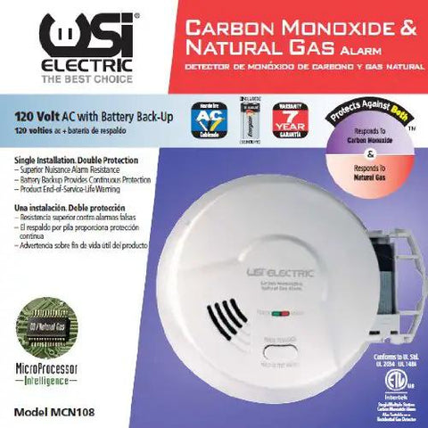 Top Shelf Hardwired Two In One Carbon Monoxide And Natural Gas Smart Detector showing front view, round white design with features and specifications.
