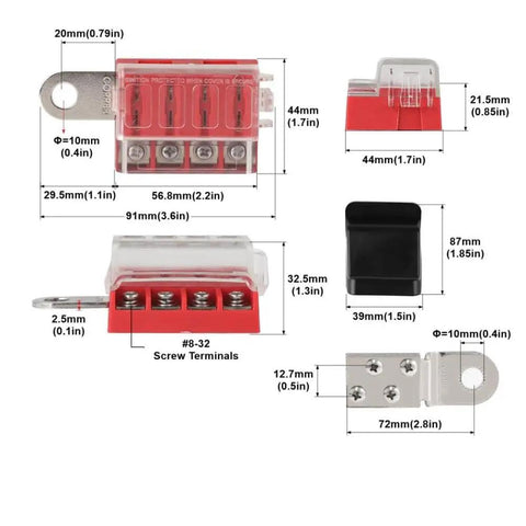 Dimensions and components of M10 100A 32V Fuse Block Terminal Mount Busbar For Car Boat Marine DC Systems, showing four fuse positions