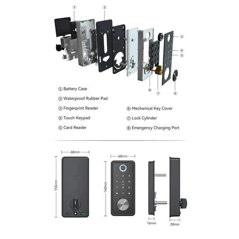 Slick Fingerprint Smart Deadbolt For Front Door Keyless Entry Keypad With Voice Remote Control Auto Lock No Sweat family access layout and components.