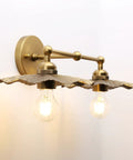 Two Light Industrial Metal Wall Sconces With Antique Brass Flower Ripple Shade for bathroom vanity, bedroom, dining room.
