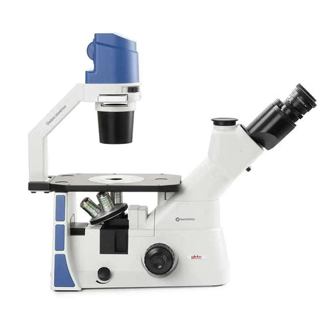 Inverted Trinocular Lab Microscope With Top Notch Mechanical Stage And Plan Phase 10x 20x 40x IOS Objectives 5W LED Illumination Stage Extension Transportation Box Great For Research And Education, side view
