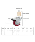 Diagram of Four Pack 2 Inch Caster Wheels With Brakes For Stainless Steel Furniture, 30 mm Square Tube, Universal Swivel Casters