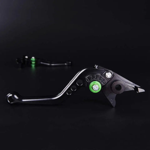 Adjustable Short Brake And Clutch Levers For Kawasaki Z900 Ninja 650 Z650 Ergonomic Anodized 6061 Aluminum motorcycle part close-up on black background.