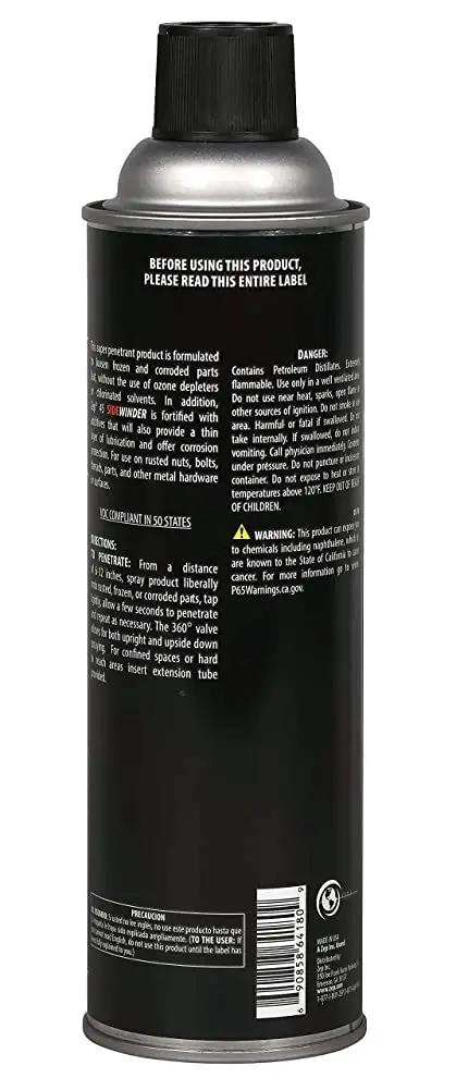 Sidewinder Super Penetrant 14 Oz Aerosol Case Of 12 For Frozen And Corroded Parts can rear view with text instructions and barcode
