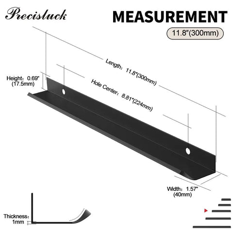 Five Pack Black Hidden Drawer Cabinet Handles Aluminum Alloy Arc Edge Pull Back Mount Concealed Furniture Hardware For Dresser Kitchen 300mm 11.8 Inch dimensions and specifications illustration