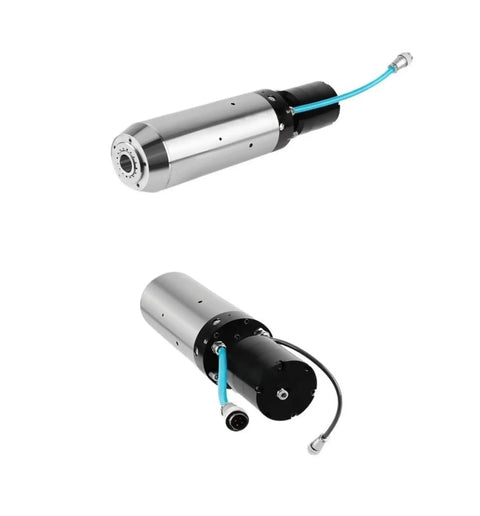 Water Cooled Tool Change Round Spindle for CNC Machine Tools Metalworking BT40 Automatic Pro Grade High Speed Quiet Operation and Precise Live Spindle for High Precision Milling and Automatic Tool Change in Metalworking Applications, shown from side and rear angles
