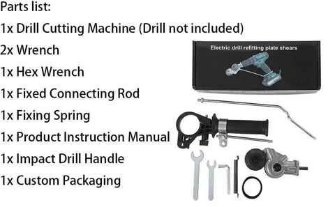Heavy Duty Pro Grade Sheet Metal Cutter Attachment for electric drills with double headed nibbler, parts list and accessories
