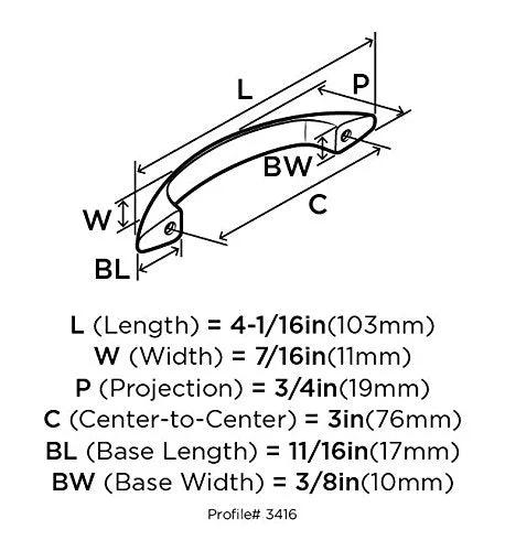 Diagram of the Polished Chrome Cabinet Pull 3 Inch Center To Center Contemporary Drawer Handle with dimensions and measurements.