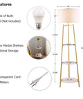 Dimensions and features of Dope Modern Floor Lamp With Faux Marble Shelves And Fabric Shade, sleek pole lamp with built-in storage.