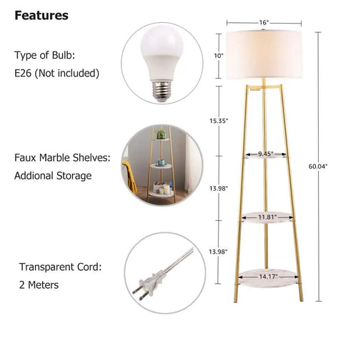 Dimensions and features of Dope Modern Floor Lamp With Faux Marble Shelves And Fabric Shade, sleek pole lamp with built-in storage.