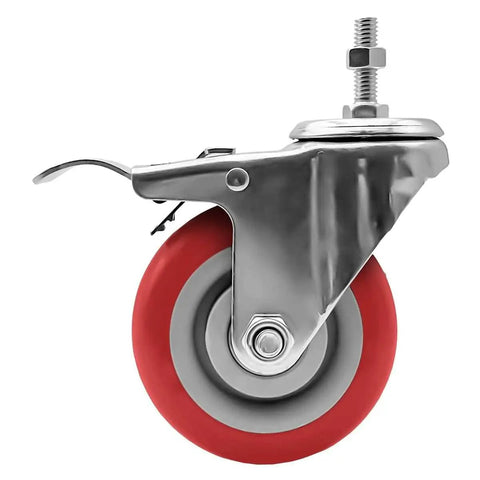Smooth Cruising 4 Inch Red Polyurethane Caster Wheels With Dual Locking Brakes And Threaded Stem Mount Built Tough For Heavy Loads Totally Silent Non Marking Rollers Pack Of Four