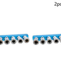 Two 5-way 1/2 inch manifold blocks splitter for air hose inline fittings iron pneumatic air compressor in silver-blue finish.
