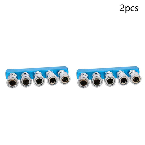 Two 5-way 1/2 inch manifold blocks splitter for air hose inline fittings iron pneumatic air compressor in silver-blue finish.