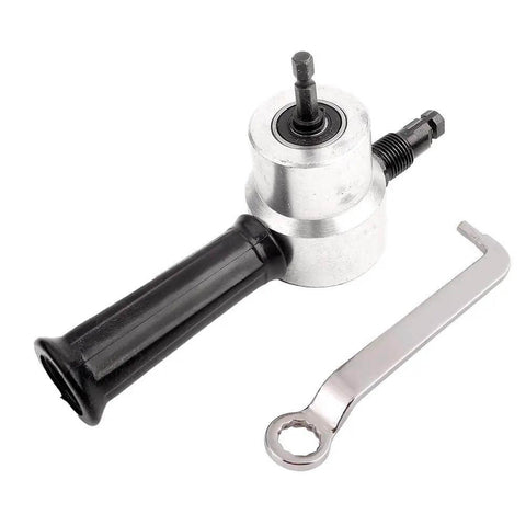 Heavy Duty Drill Metal Cutter Attachment With Double Head Nibbler For Sheet Metal Work, shown with handle and tool accessory.