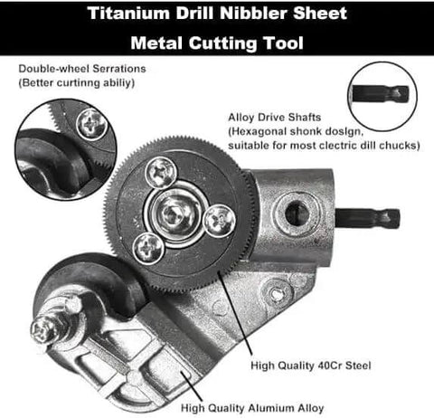 Drill Nibbler Sheet Metal Cutter Attachment for DIY projects and home repairs with alloy drive shafts, titanium construction