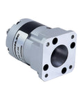 MGL Series Planetary Gearbox With Five To One Gear Ratio For Five Millimeter Shaft Fits Standard Nema Seventeen Stepper Motors Ultra Low Backlash 30 Arc Minutes High Torque Long Life Quiet Operation For Seriously Smooth Motion as a close-up view of the inline planetary gearbox showing front face and mounting holes.