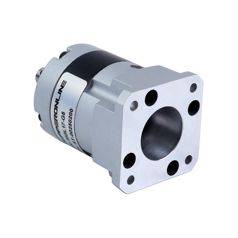 MGL Series Planetary Gearbox With Five To One Gear Ratio For Five Millimeter Shaft Fits Standard Nema Seventeen Stepper Motors Ultra Low Backlash 30 Arc Minutes High Torque Long Life Quiet Operation For Seriously Smooth Motion as a close-up view of the inline planetary gearbox showing front face and mounting holes.