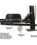 Heavy Duty Four Post Car Lift With Matching Sliding Jacks Black Powder Coated Steel Garage Auto Hoist System showing caster kit and polyurethane wheels.