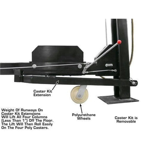 Heavy Duty Four Post Car Lift With Matching Sliding Jacks Black Powder Coated Steel Garage Auto Hoist System showing caster kit and polyurethane wheels.