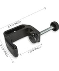 Universal C-Clamp Aluminum Desk Mount Holder Stand with 1/4 Inch and 3/8 Inch Threads, heavy duty, black finish, dimensions labeled.
