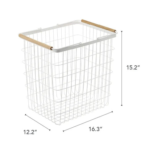 Tosca Style Laundry Basket With Wooden Handles, Lightweight Yet Sturdy Steel Frame And Wood Trim, 15 Inch, Dimensions Shown