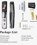 Hella Secure Smart Door Lock With 3D Fingerprint Scanner And Decoy Pin Feature package contents including lock panels and accessories.