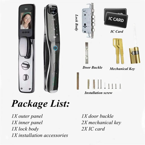 Hella Secure Smart Door Lock With 3D Fingerprint Scanner And Decoy Pin Feature package contents including lock panels and accessories.