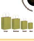 Comparison of large, medium, small, and mini olive green paper bags with handles, showcasing dimension details.