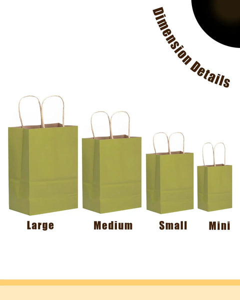 Comparison of large, medium, small, and mini olive green paper bags with handles, showcasing dimension details.