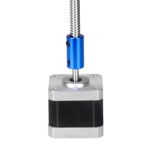 Compact Linear Motion Guide D14L25 Aluminum Alloy Rigid Shaft Coupling in a stepper motor setup, blue coupling detail