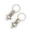 Stainless Steel Index Plunger Pull Lock Lever And Threaded Screw Kit For Equipment Cabinets Knockout Quality Galvanized Heavy Duty Snap Action Mounting Hardware Plug And Play Setup Five Piece Pack, featuring two spring plungers with ring.